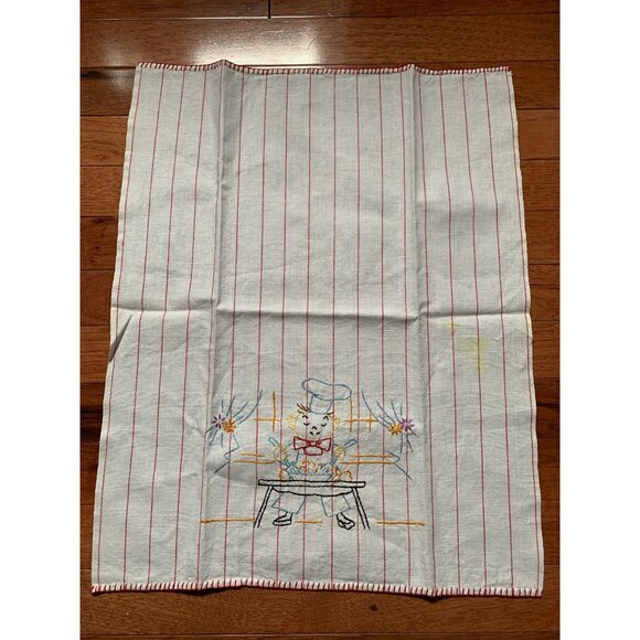 Vintage Red Pinstriped Hand Embroidered Chef cooking Hand Towel - Picture 3 of 8